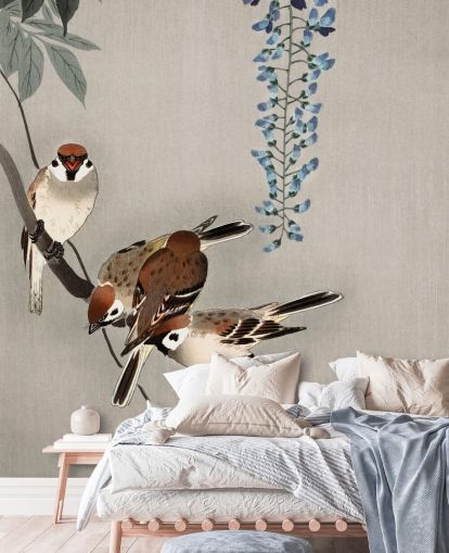 sparrow, wisteria oriental wallpaper