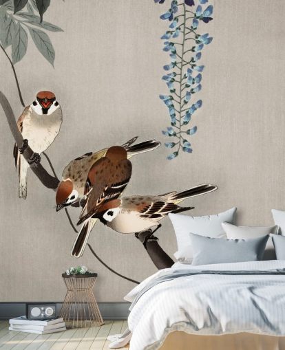 sparrow, wisteria oriental wallpaper