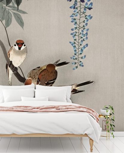 sparrow, wisteria oriental wallpaper