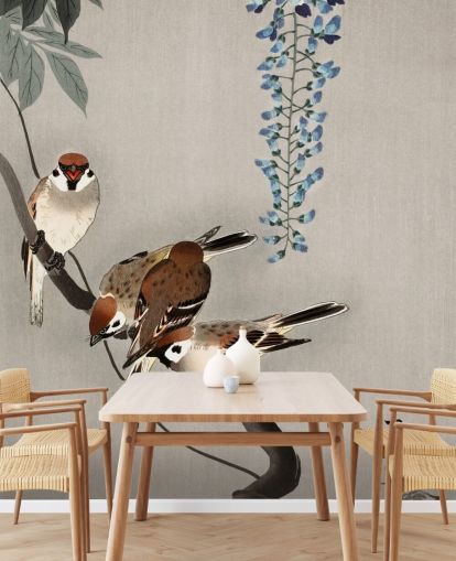 sparrow, wisteria oriental wallpaper