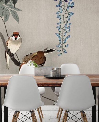 sparrow, wisteria oriental wallpaper