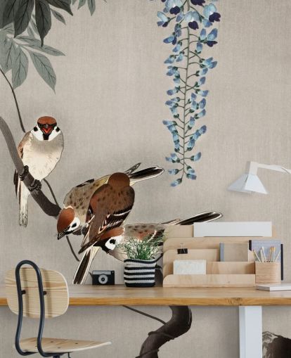 Spatz, orientalische Glyzinien Tapete