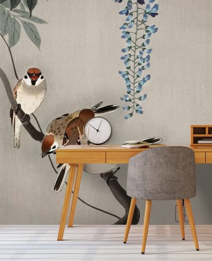 sparrow, wisteria oriental wallpaper