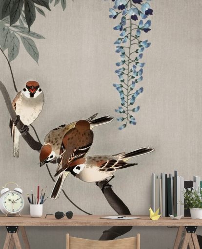 sparrow, wisteria oriental wallpaper sparrow, wisteria oriental wallpaper
