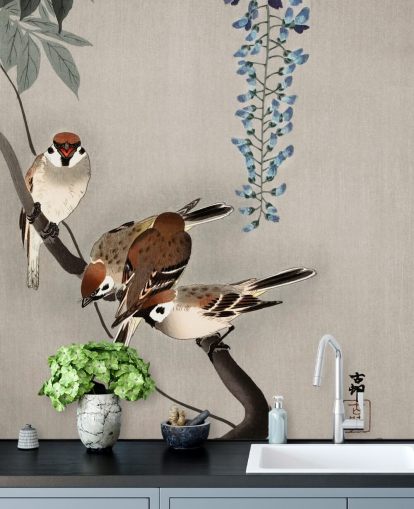 sparrow, wisteria oriental wallpaper sparrow, wisteria oriental wallpaper