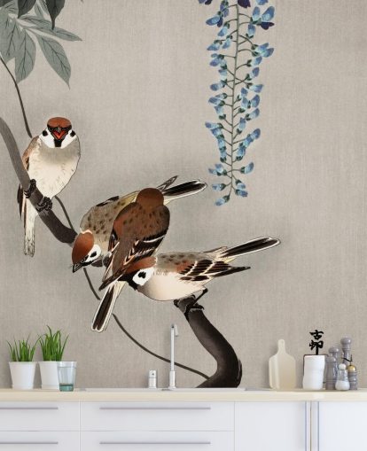 mus, blauweregen oosters behang