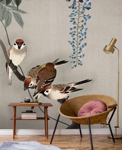 sparrow, wisteria oriental wallpaper