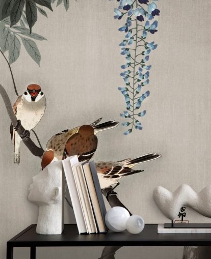 Spatz, orientalische Glyzinien Tapete