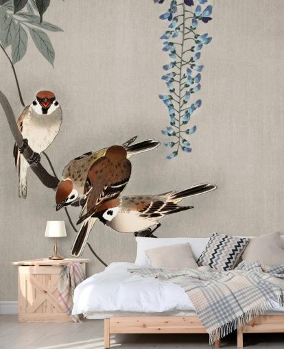 sparrow, wisteria oriental wallpaper
