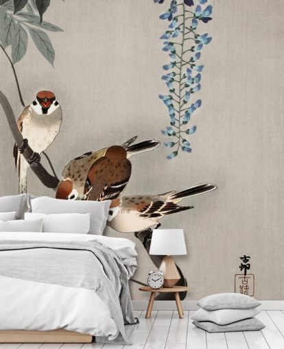 sparrow, wisteria oriental wallpaper sparrow, wisteria oriental wallpaper