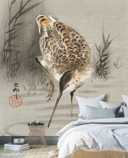 vogel met lange snavel oosters schilderij behang