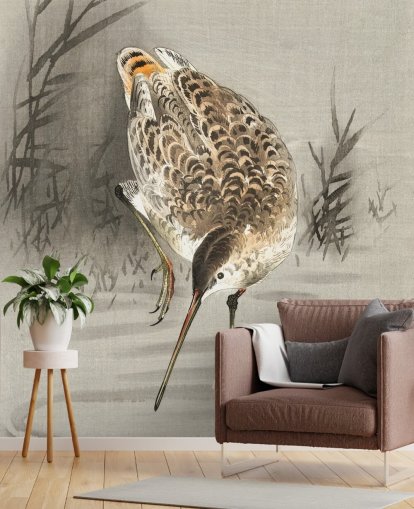 vogel met lange snavel oosters schilderij behang