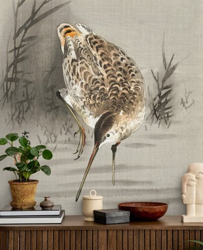 papier peint peinture orientale oiseau au long bec