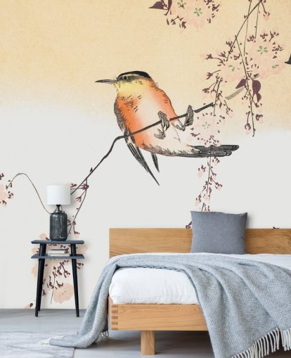 Singvogel auf Zweig der Kirschblüte Baumtapete Singvogel auf Zweig der Kirschblüte Baumtapete