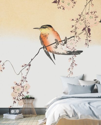 songbird on branch of cherry blossom tree wallpaper