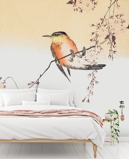 zangvogel op tak van kersenbloesem boom behang