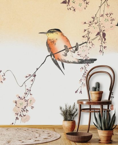 songbird on branch of cherry blossom tree wallpaper