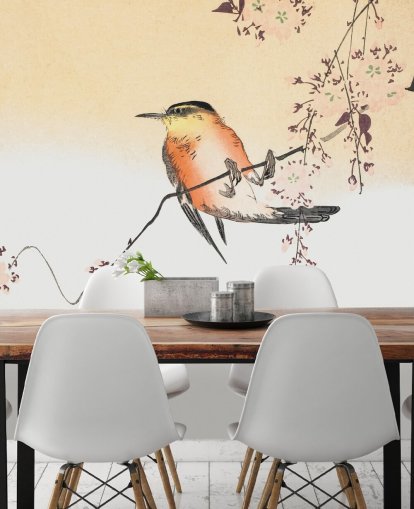 Singvogel auf Zweig der Kirschblüte Baumtapete