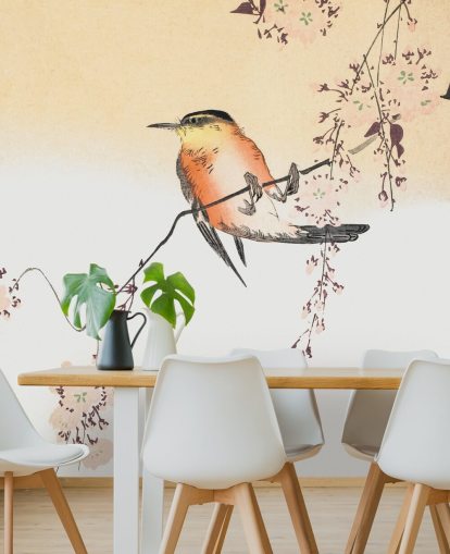 songbird on branch of cherry blossom tree wallpaper