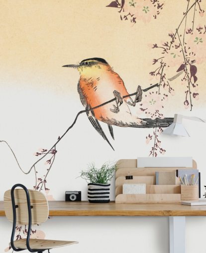 songbird on branch of cherry blossom tree wallpaper