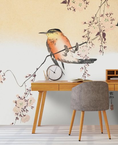 oiseau chanteur sur une branche de papier peint de cerisier en fleurs oiseau chanteur sur une branche de papier peint de cerisier en fleurs