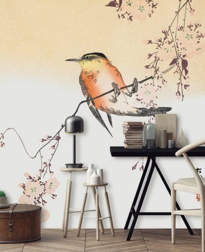 oiseau chanteur sur une branche de papier peint de cerisier en fleurs oiseau chanteur sur une branche de papier peint de cerisier en fleurs