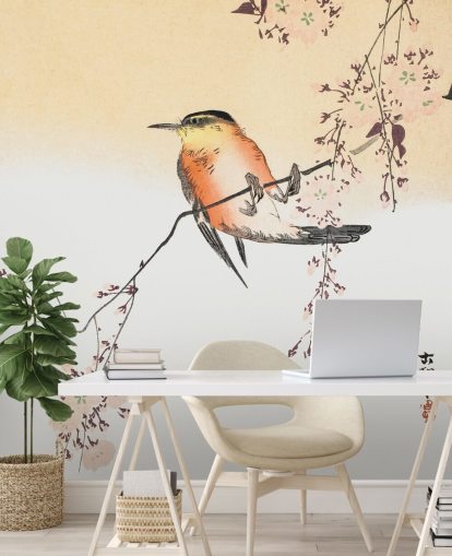 songbird on branch of cherry blossom tree wallpaper