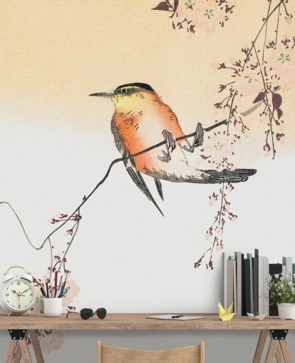 Singvogel auf Zweig der Kirschblüte Baumtapete