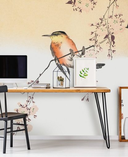 zangvogel op tak van kersenbloesem boom behang zangvogel op tak van kersenbloesem boom behang