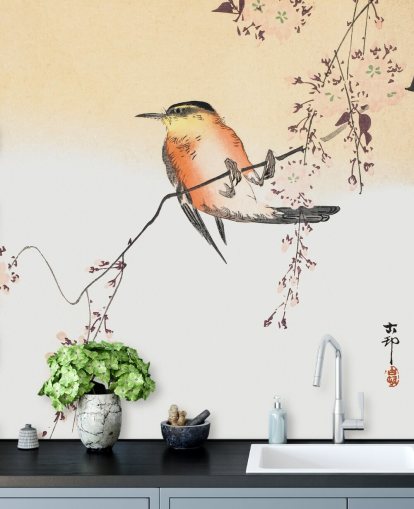 songbird on branch of cherry blossom tree wallpaper songbird on branch of cherry blossom tree wallpaper