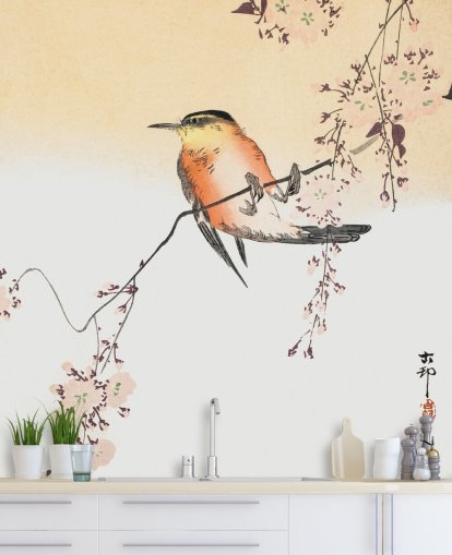 songbird on branch of cherry blossom tree wallpaper