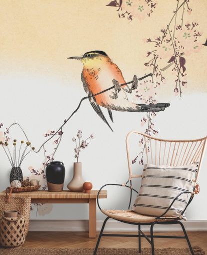 pájaro cantor en rama de cerezo en flor fondo de pantalla