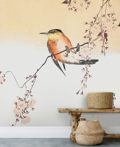 songbird on branch of cherry blossom tree wallpaper