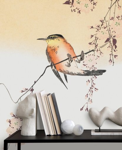 songbird on branch of cherry blossom tree wallpaper