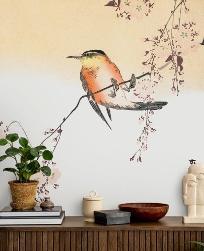 songbird on branch of cherry blossom tree wallpaper