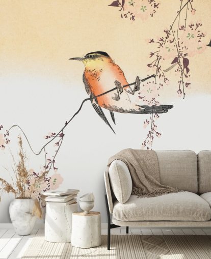 songbird on branch of cherry blossom tree wallpaper
