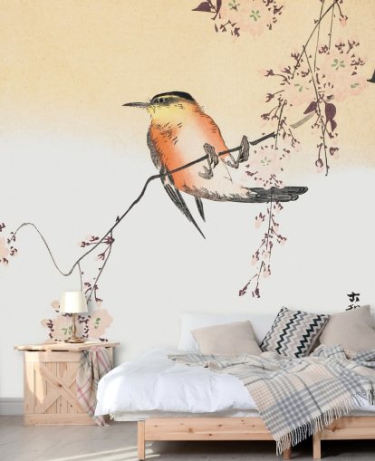 pájaro cantor en rama de cerezo en flor fondo de pantalla