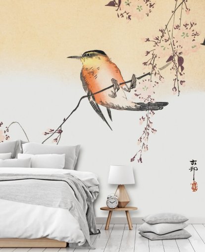 pájaro cantor en rama de cerezo en flor fondo de pantalla