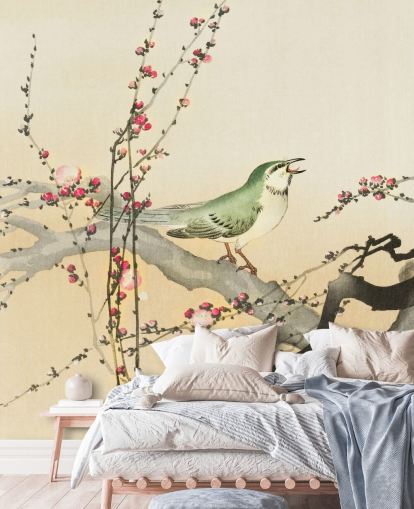 songbird on blossom branch wallpaper