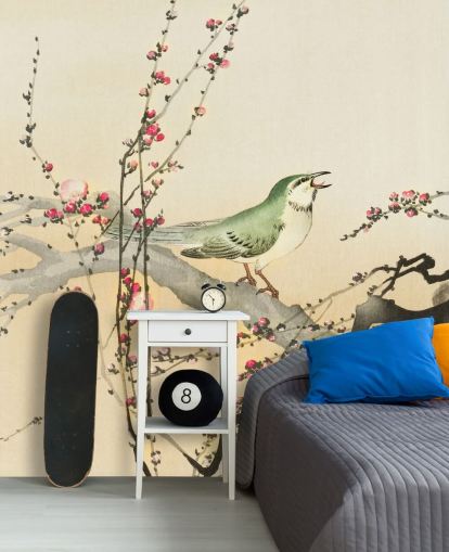 zangvogel op bloesem tak behang