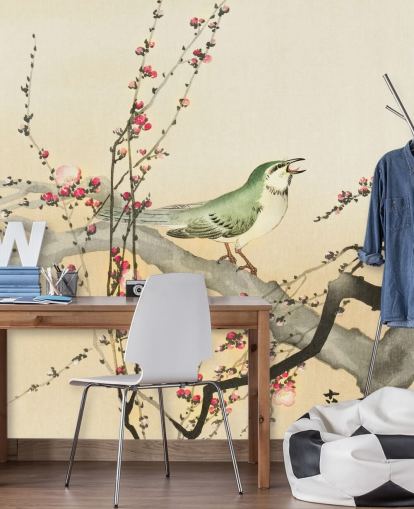 songbird on blossom branch wallpaper