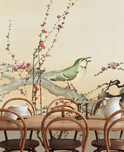 zangvogel op bloesem tak behang