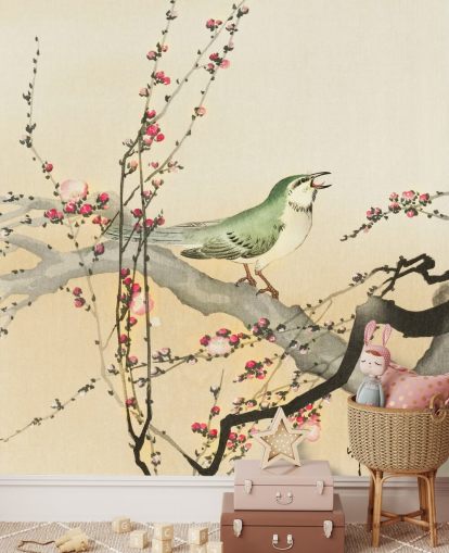 zangvogel op bloesem tak behang