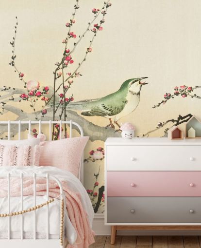 songbird on blossom branch wallpaper