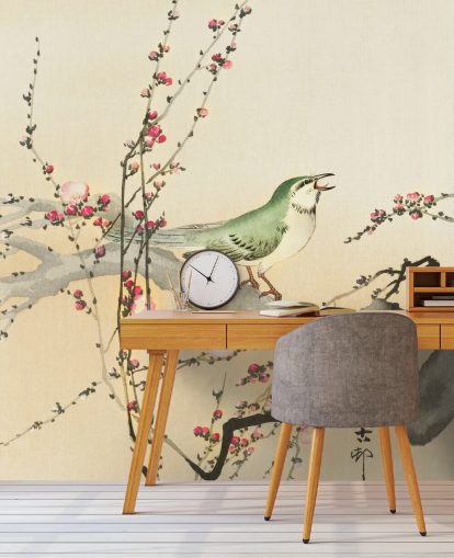 zangvogel op bloesem tak behang