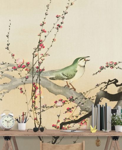 songbird on blossom branch wallpaper