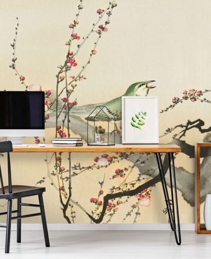 songbird on blossom branch wallpaper