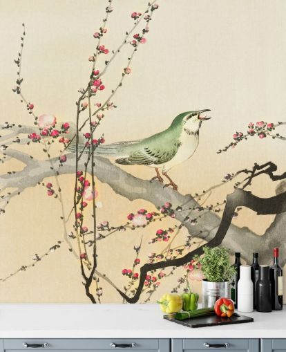 Singvogel auf Blütenzweig Tapete