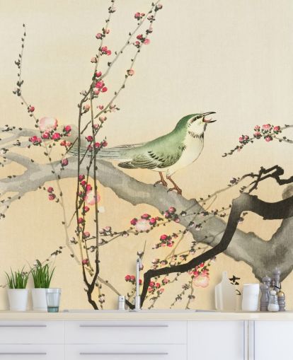 songbird on blossom branch wallpaper