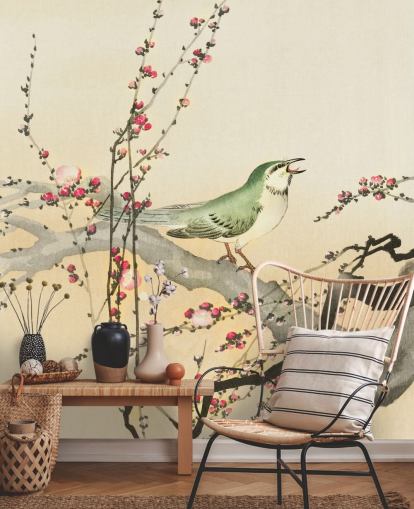 songbird on blossom branch wallpaper